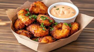 A basket of fried food with a dipping sauce photo