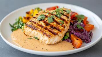 Grilled salmon with roasted red peppers and creamy sauce photo