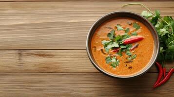 Thai curry in bowl on wooden table top view photo