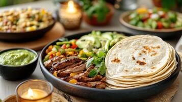 A table with a bowl of food, tortillas and other dishes photo