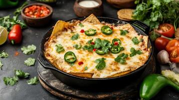 Mexican nachos in a black cast iron pan with vegetables and cheese photo