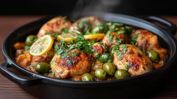 Chicken with olives and green peppers in a black pan photo