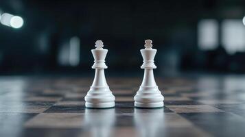 Two white chess pieces on a chess board photo