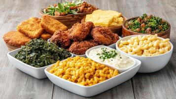 A variety of dishes including macaroni and cheese, chicken, and greens photo