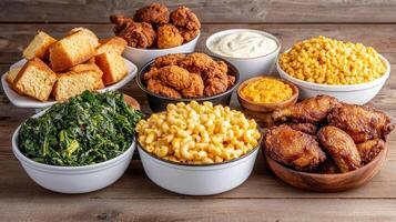 A variety of foods including corn, chicken, and cornbread photo