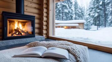 A cozy log cabin with a fireplace and a book on a blanket photo