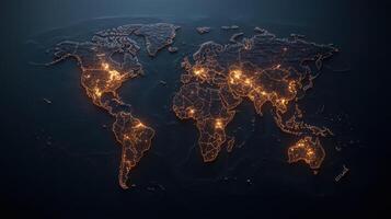 The world map is shown in glowing orange light photo