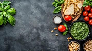 Italian food ingredients on dark background top view photo