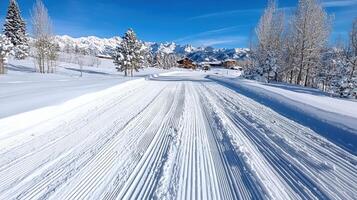 A snowy road with a house in the background photo