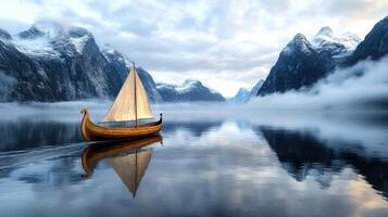A boat is floating on the water in front of mountains photo