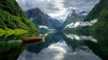 A boat is floating in a lake surrounded by mountains photo