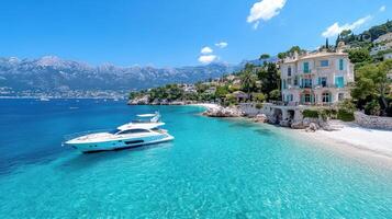 A yacht is docked in the clear blue water of a beach photo