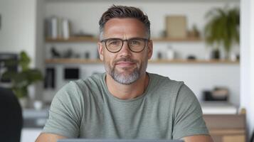 A man with glasses and a beard is sitting at a desk photo
