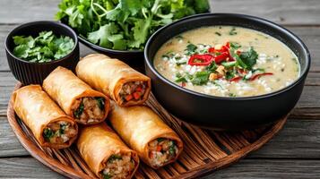 Thai spring rolls with soup and vegetables photo