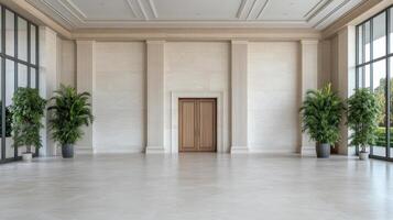 Empty lobby with large windows and white walls photo