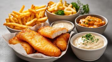 Fish and chips with dipping sauces in bowls photo