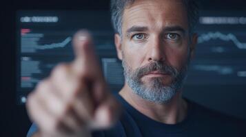 A man pointing at a screen with a digital display photo
