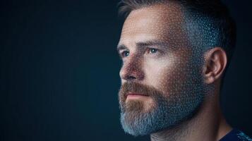 A man with a beard and a blue dot on his face photo