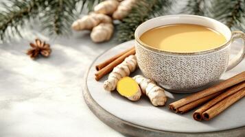 A cup of ginger tea with cinnamon and ginger on a plate photo