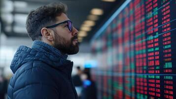 Man looking at stock market on display photo