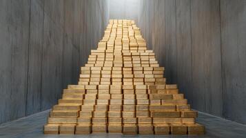 A pyramid of gold bricks in a room photo