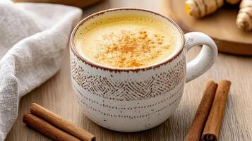 Ginger tea in a mug on a wooden table photo