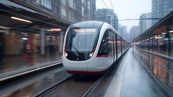 A train is moving down the tracks in a city photo