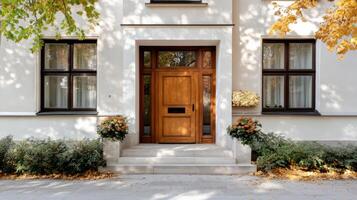 A white building with a wooden door photo