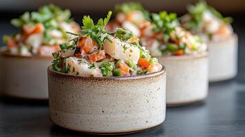 A bowl of food with vegetables and herbs photo