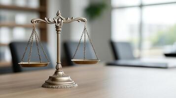 A scale of justice on a table in an office photo