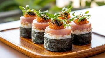 Sushi rolls on a wooden tray with salmon and vegetables photo