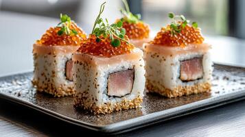 Sushi rolls with salmon and cavia on a black plate photo
