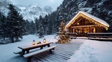 A cabin in the snow with a table and benches photo
