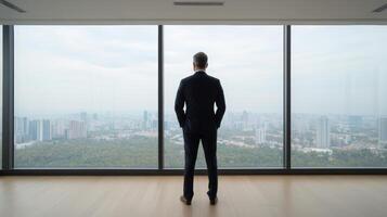 Businessman looking out of large window at cityscape photo
