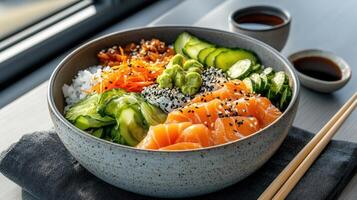 A bowl of sushi with salmon, cucumbers and rice photo