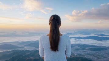 A woman standing on top of a mountain looking down at the valley below photo