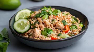 Thai chicken rice bowl with lime photo