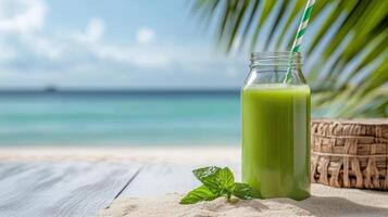 Green smoothie in a bottle on the beach photo