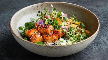 A bowl of food with vegetables and sesame seeds photo