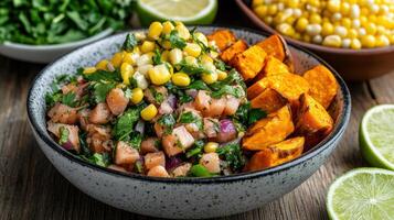 A bowl of corn, tomatoes, and other vegetables photo