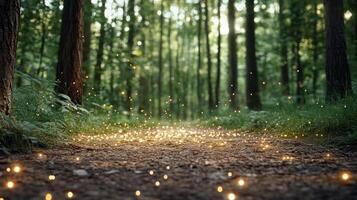 A path in the woods with fireflies photo