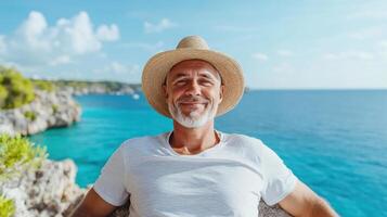 A man in a hat sitting on a rock overlooking the ocean photo