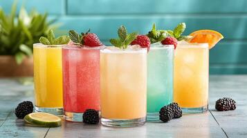 Five colorful drinks with berries and mint photo