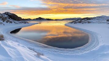 A frozen lake surrounded by snow and mountains photo