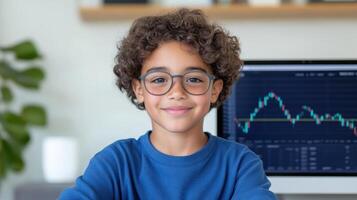A boy with glasses and a computer screen photo