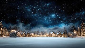 Winter landscape with snow covered trees and houses at night photo