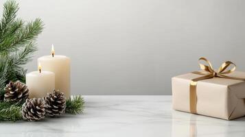 Christmas gift box with candles and fir tree on white background photo