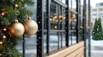 Two golden christmas balls hanging from a tree outside a building photo