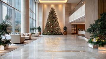 A large christmas tree in a lobby photo