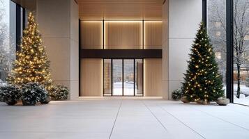 A modern entrance to a building with christmas trees photo
